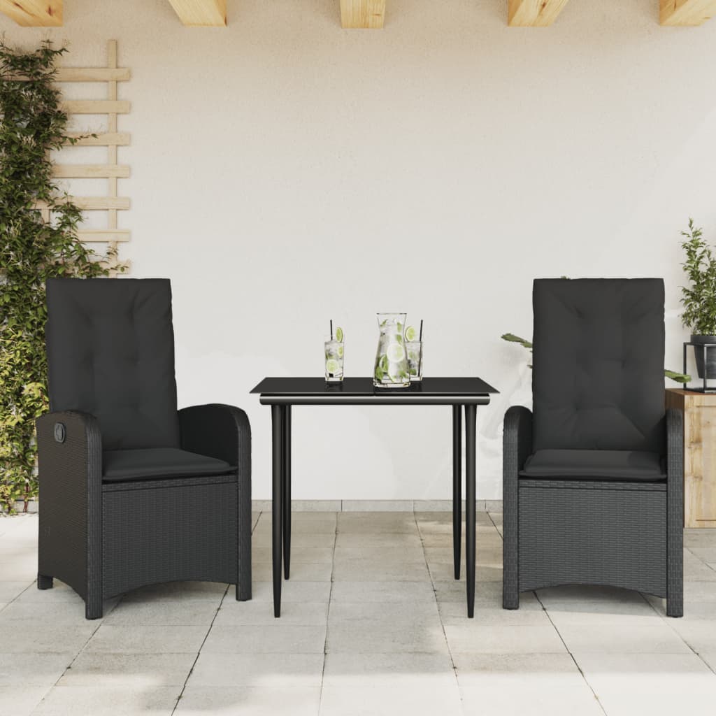 Set mobilier de gradina cu perne, 3 piese, negru, poliratan — imaginea 2
