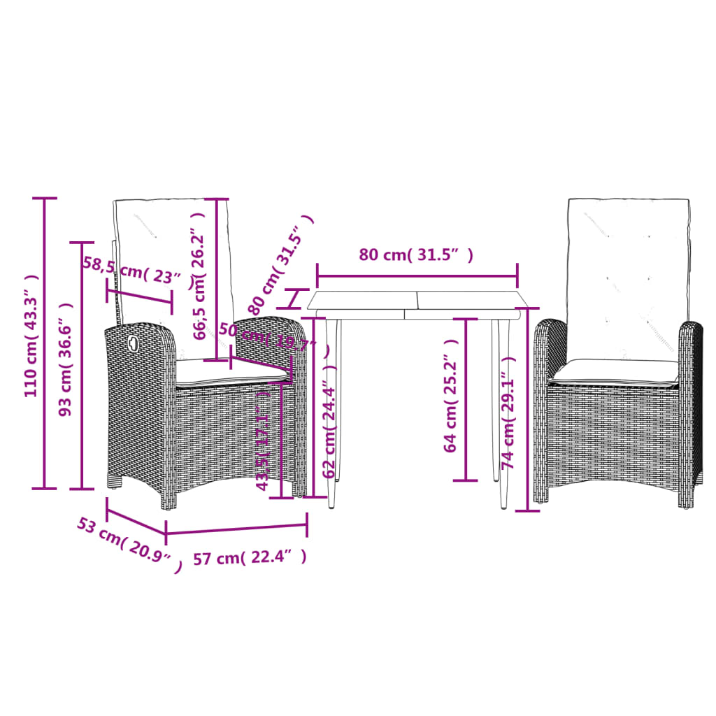 Set mobilier de gradina cu perne, 3 piese, negru, poliratan — imaginea 9