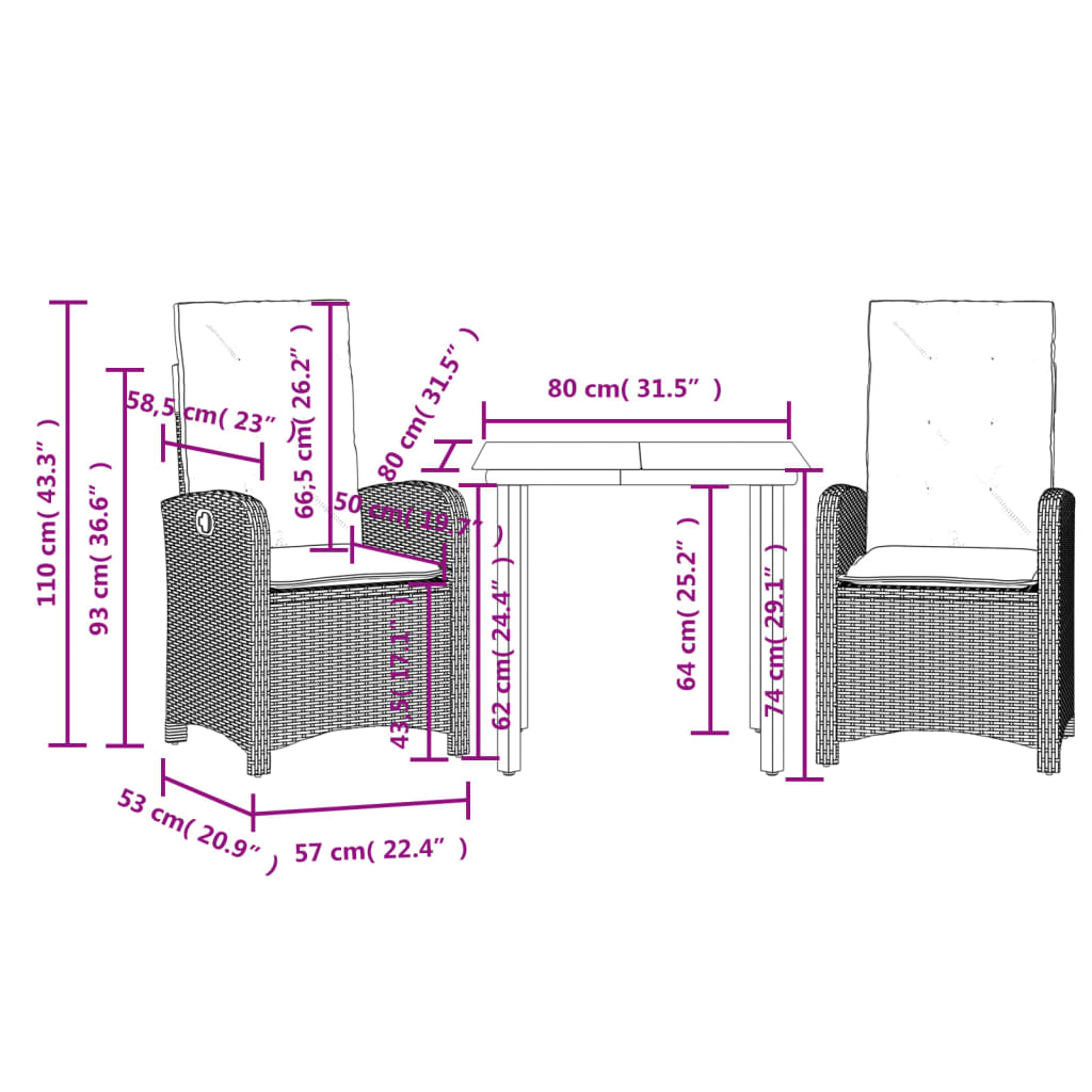 Set de masa pentru gradina, 3 piese, cu perne, bej, poliratan — imaginea 9