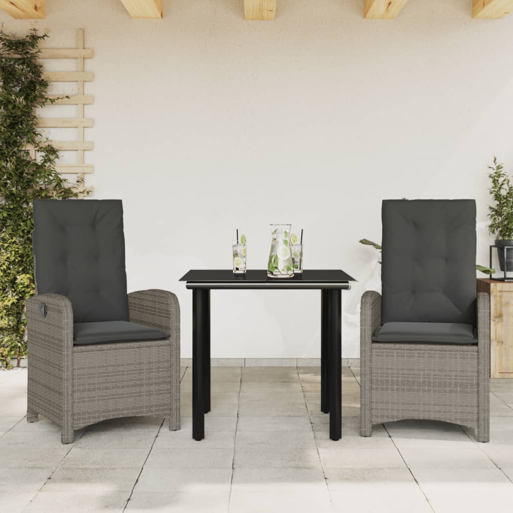 Set mobilier de gradina cu perne, 3 piese, gri, poliratan — imaginea 2