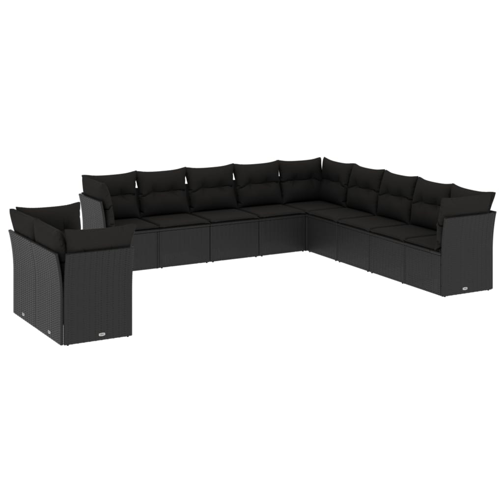Set canapele de gradina cu perne, 11 piese, negru, poliratan