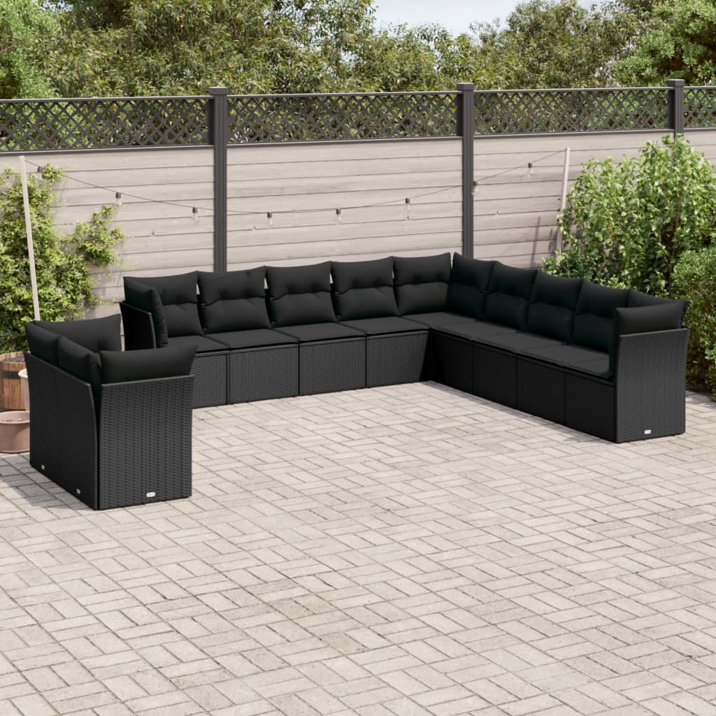 Set canapele de gradina cu perne, 11 piese, negru, poliratan — imaginea 2