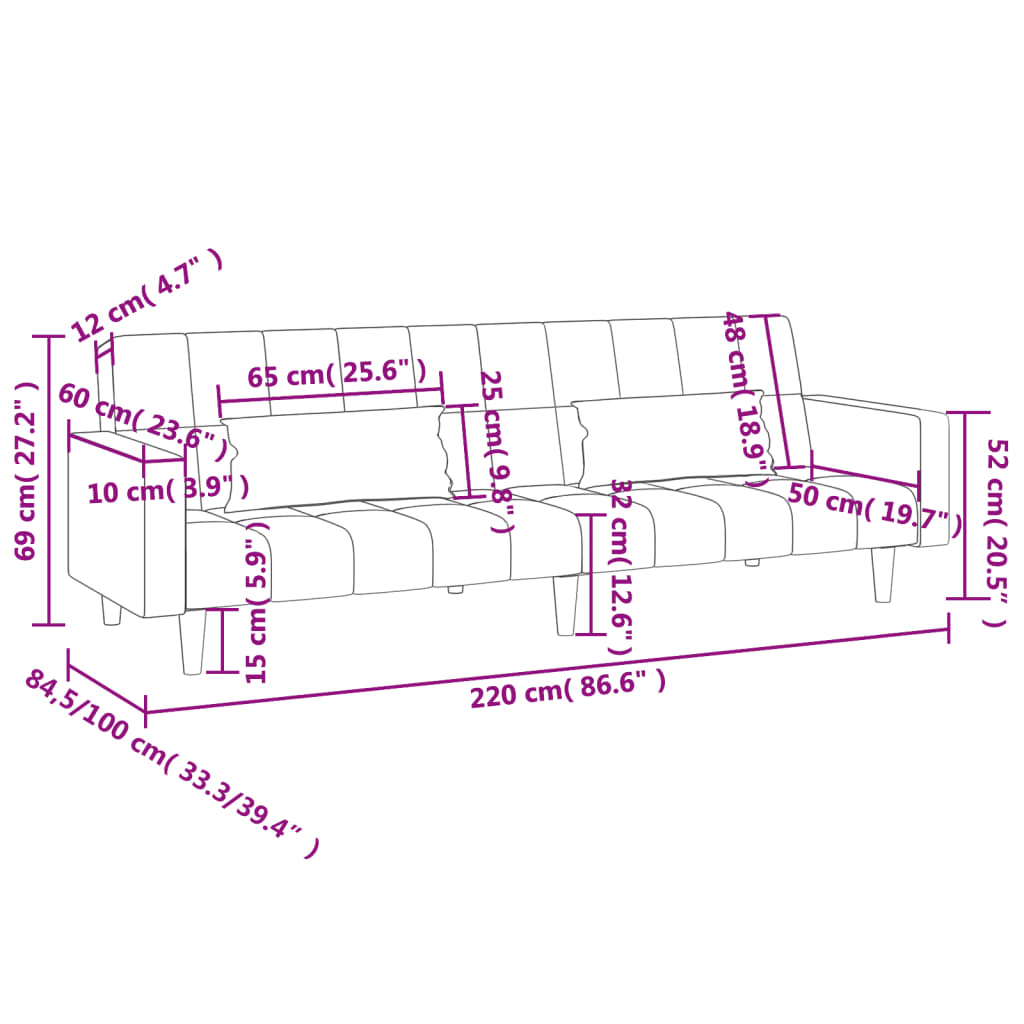 Canapea extensibila cu 2 locuri, 2 perne, albastru, textil — imaginea 11