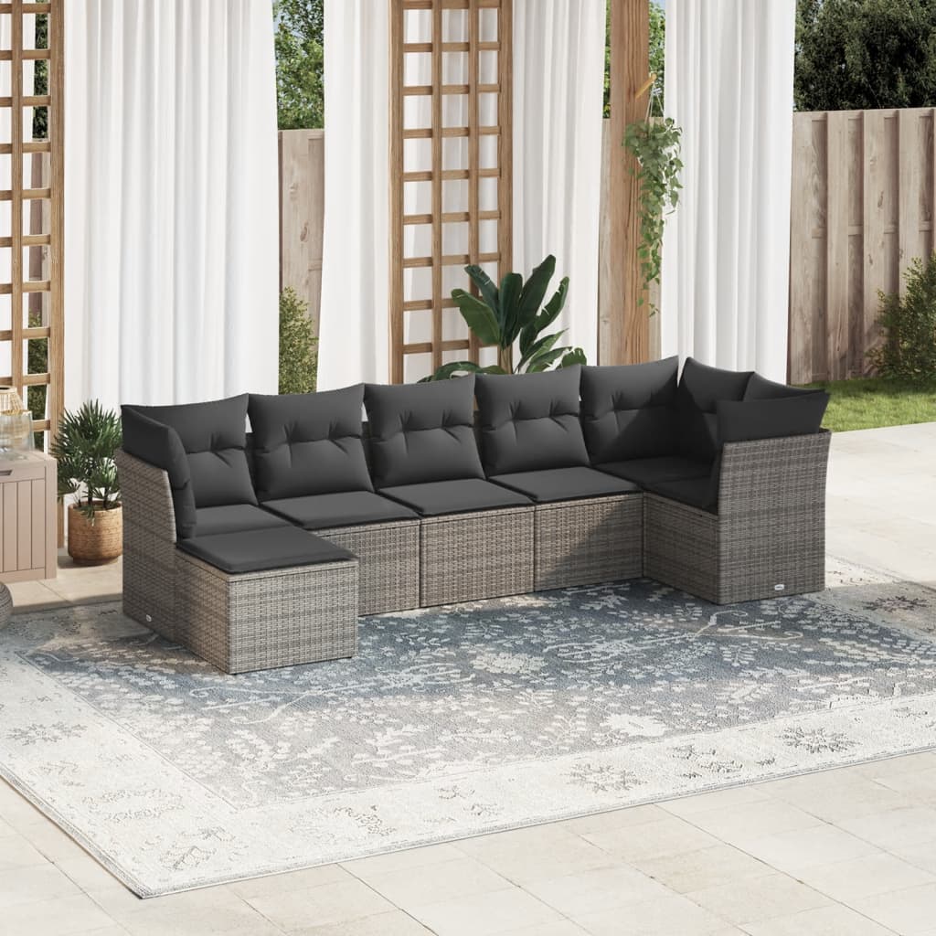 Set canapele de gradina, 7 piese, cu perne, gri, poliratan — imaginea 2