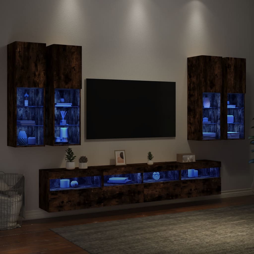 Comode TV de perete cu lumini LED, 7 piese, stejar fumuriu — imaginea 4