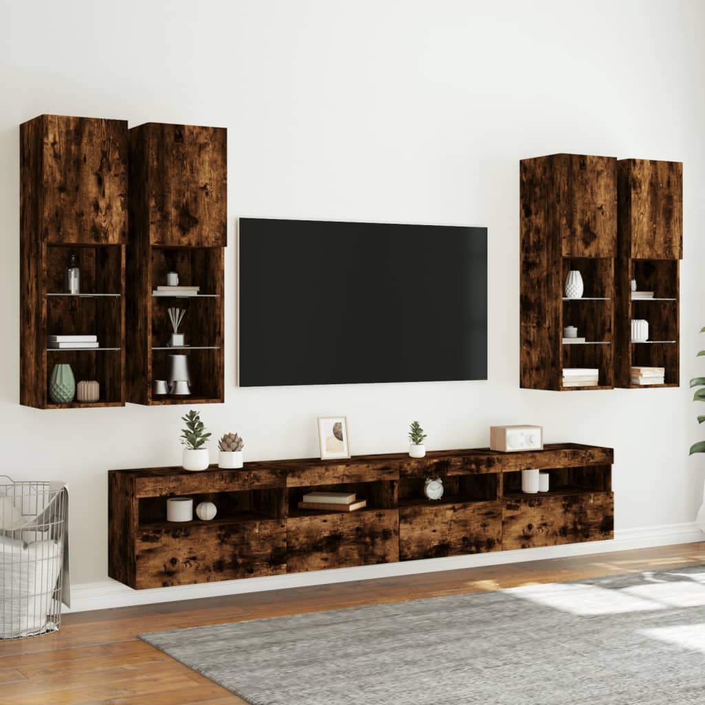 Comode TV de perete cu lumini LED, 7 piese, stejar fumuriu — imaginea 5