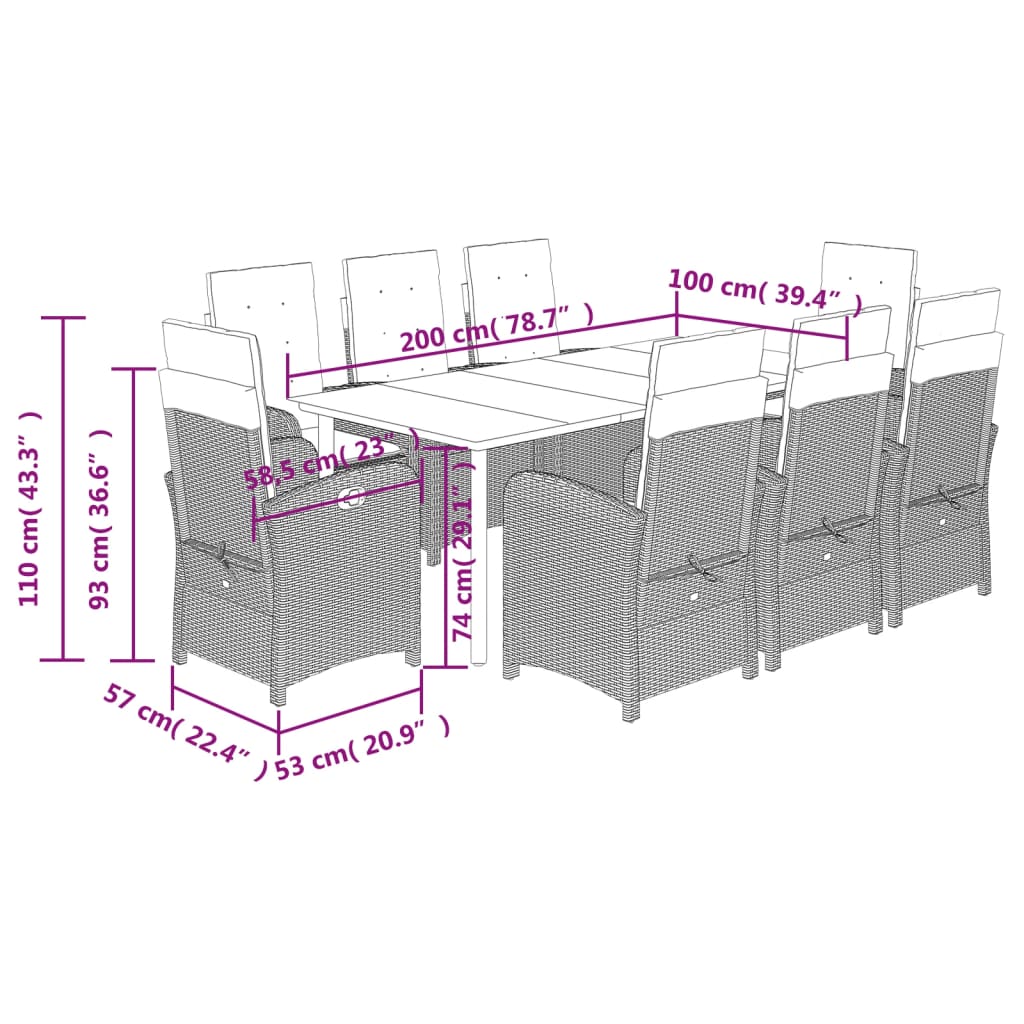 Set de masa pentru gradina, 9 piese, cu perne, bej, poliratan — imaginea 9