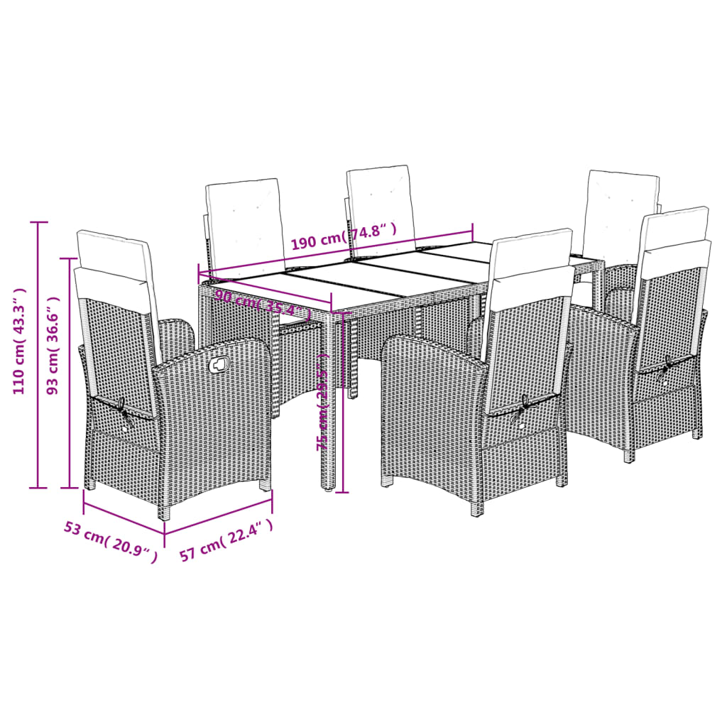 Set mobilier de gradina cu perne, 7 piese, negru, poliratan — imaginea 9