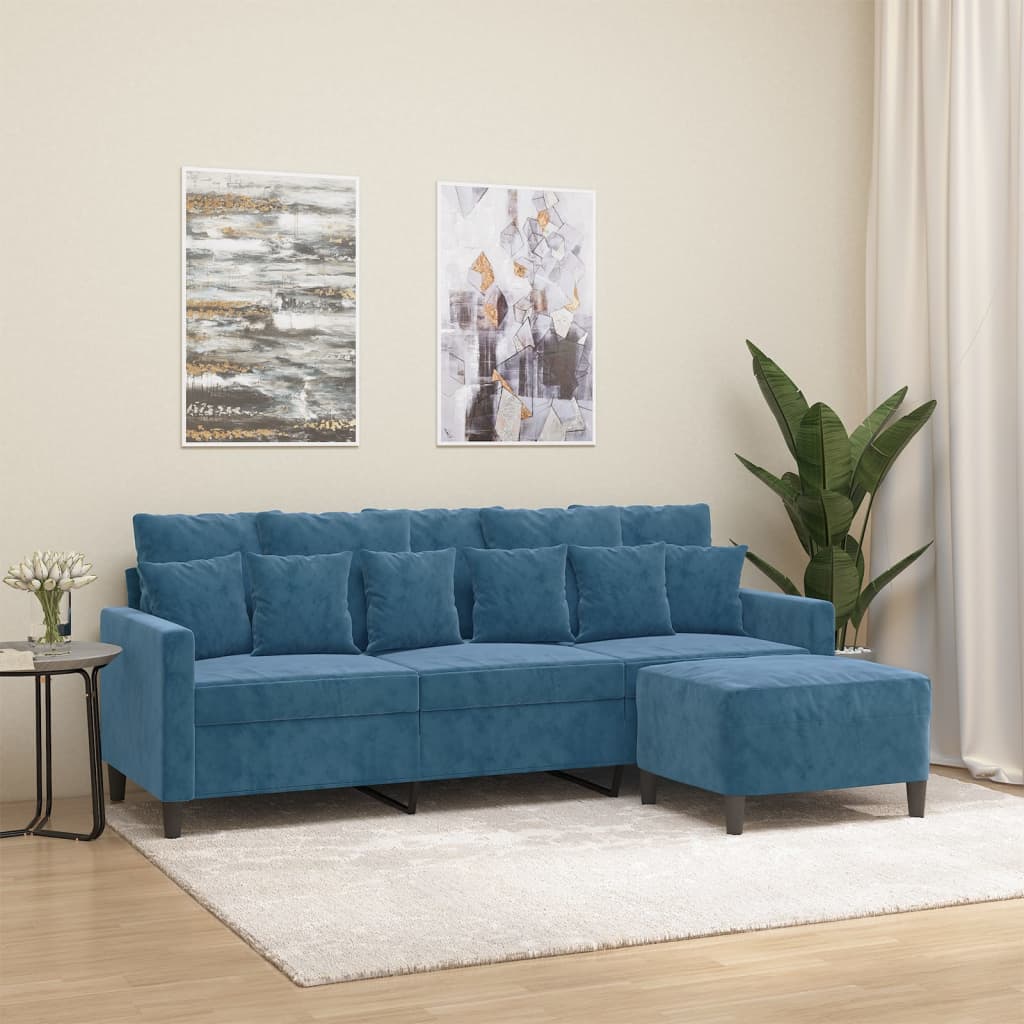 Canapea cu 3 locuri si taburet, albastru, 180 cm, catifea — imaginea 9
