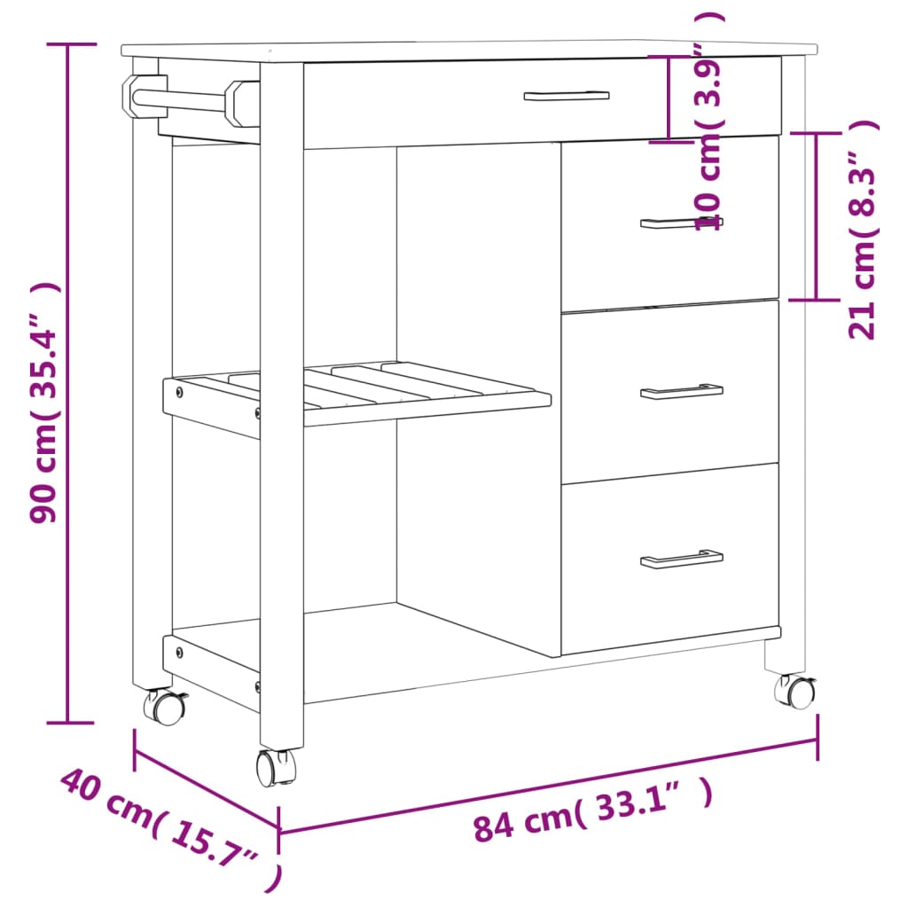 Carucior de bucatarie „MONZA”, 84x40x90 cm, lemn masiv de pin — imaginea 9