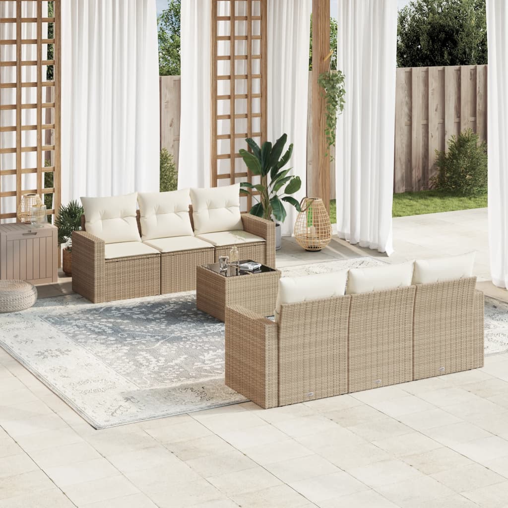 Set canapele de gradina, 7 piese, cu perne, bej, poliratan — imaginea 2