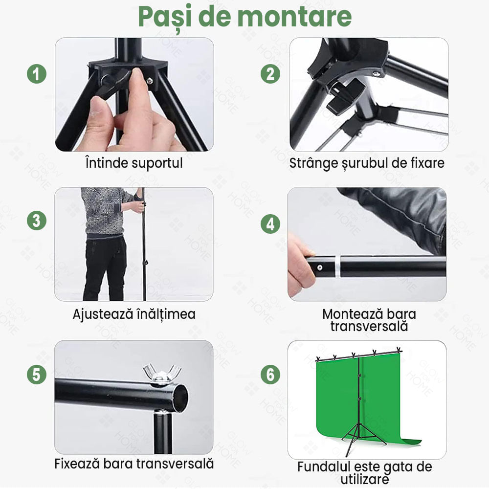 Kit perete fundal verde profesional pentru studio foto/video, GlowforHome, Green Screen portabil, 260x300 cm - 4 | YEO