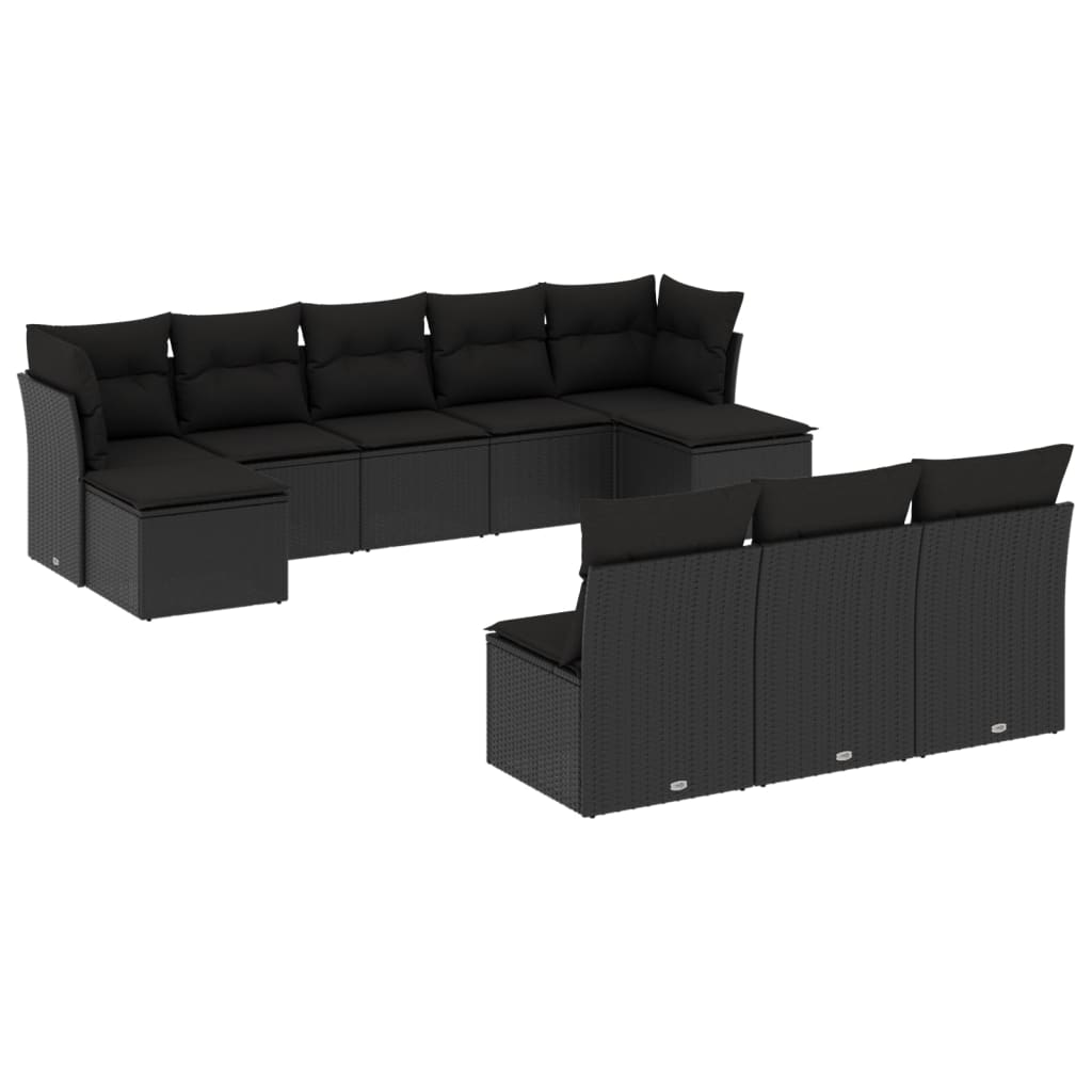 Set canapele de gradina cu perne, 10 piese, negru, poliratan — imaginea 4