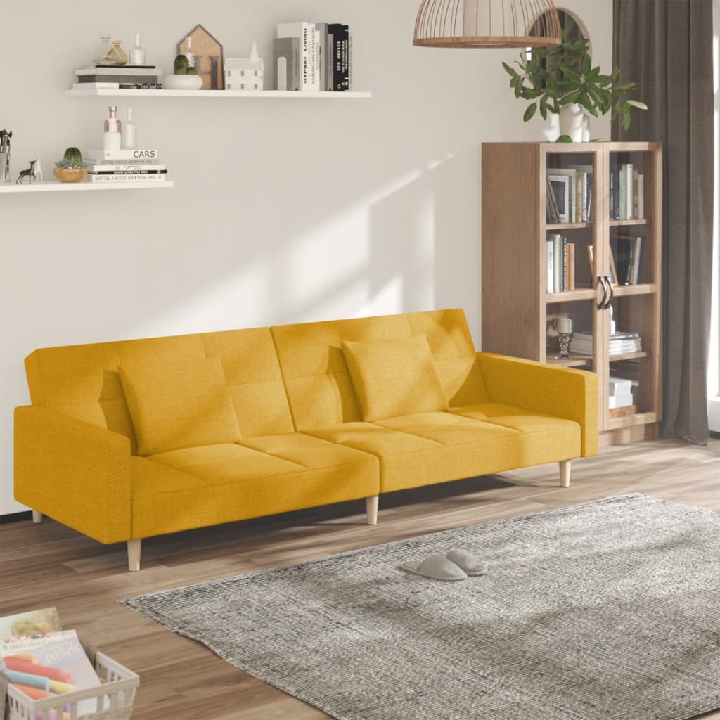 Canapea extensibila cu 2 locuri, 2 perne, galben, textil — imaginea 2