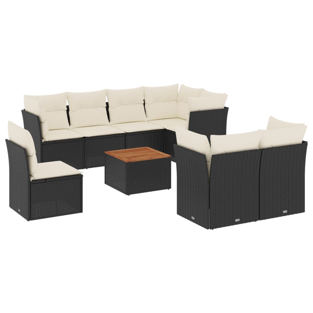 Set mobilier de gradina cu perne, 9 piese, negru, poliratan