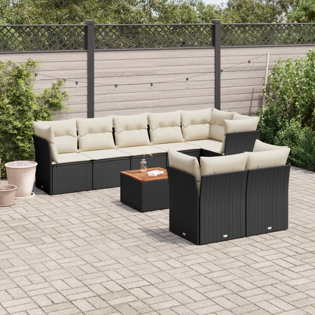 Set mobilier de gradina cu perne, 9 piese, negru, poliratan — imaginea 2