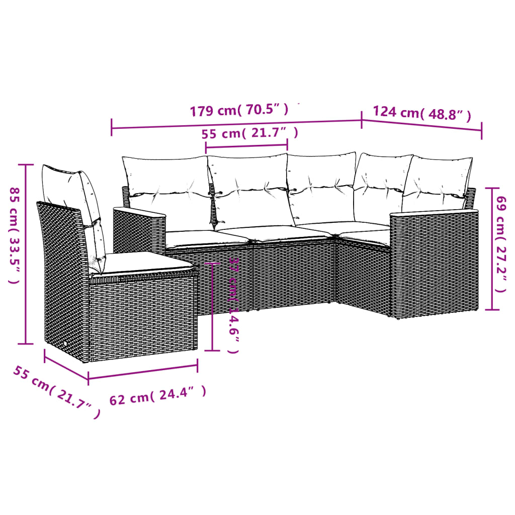 Set mobilier de gradina cu perne, 5 piese, negru, poliratan — imaginea 3