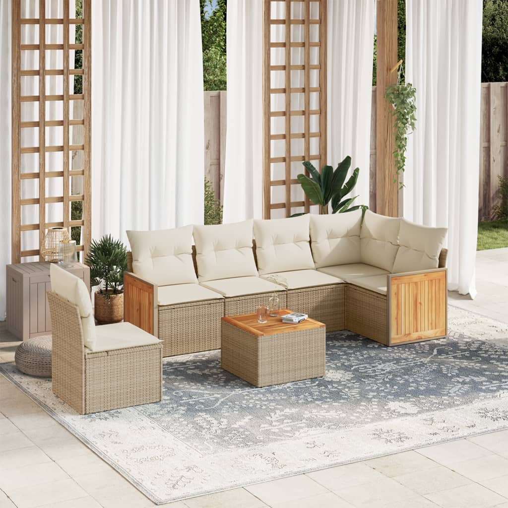 Set canapele de gradina, 7 piese, cu perne, bej, poliratan — imaginea 2
