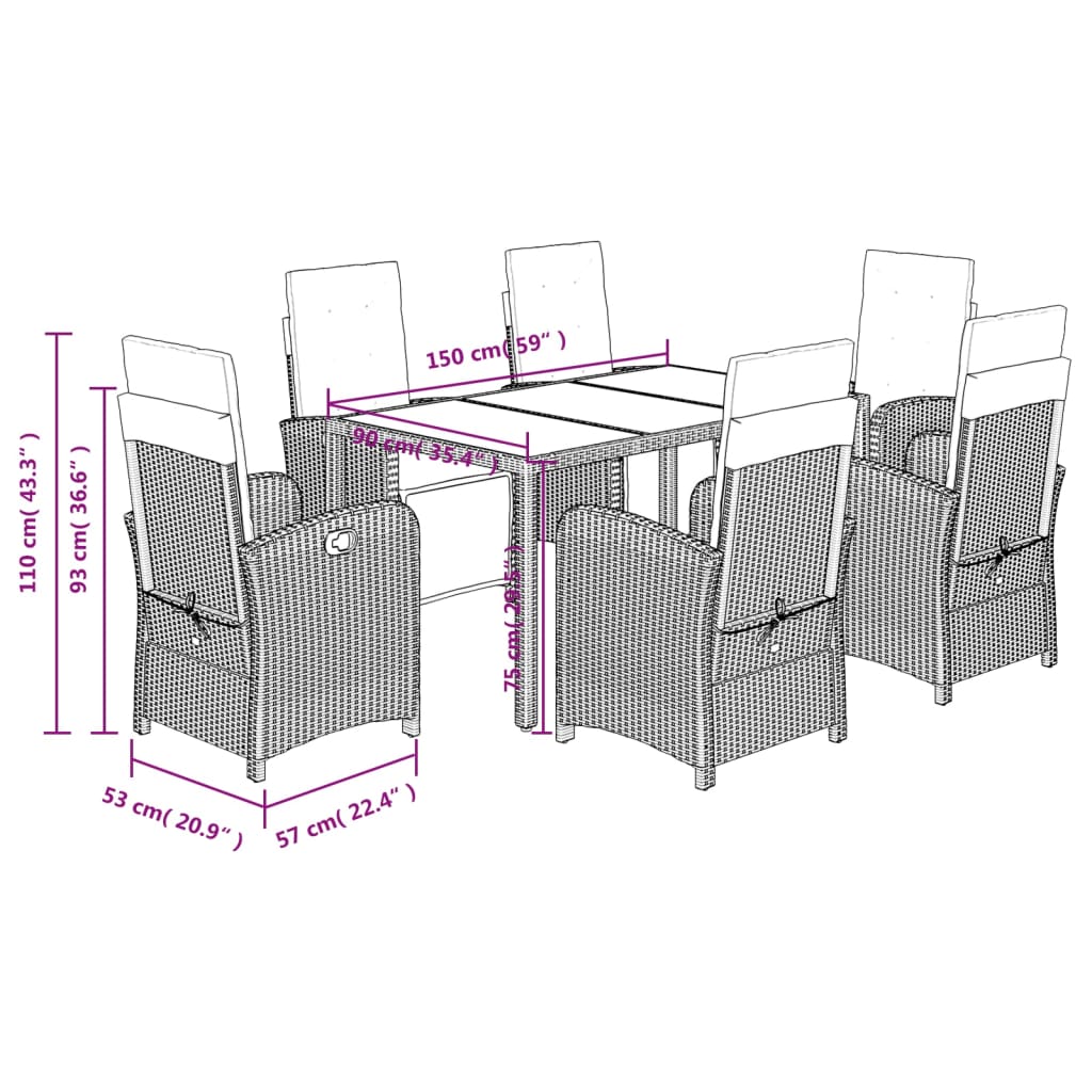 Set mobilier de gradina cu perne, 7 piese, negru, poliratan — imaginea 9