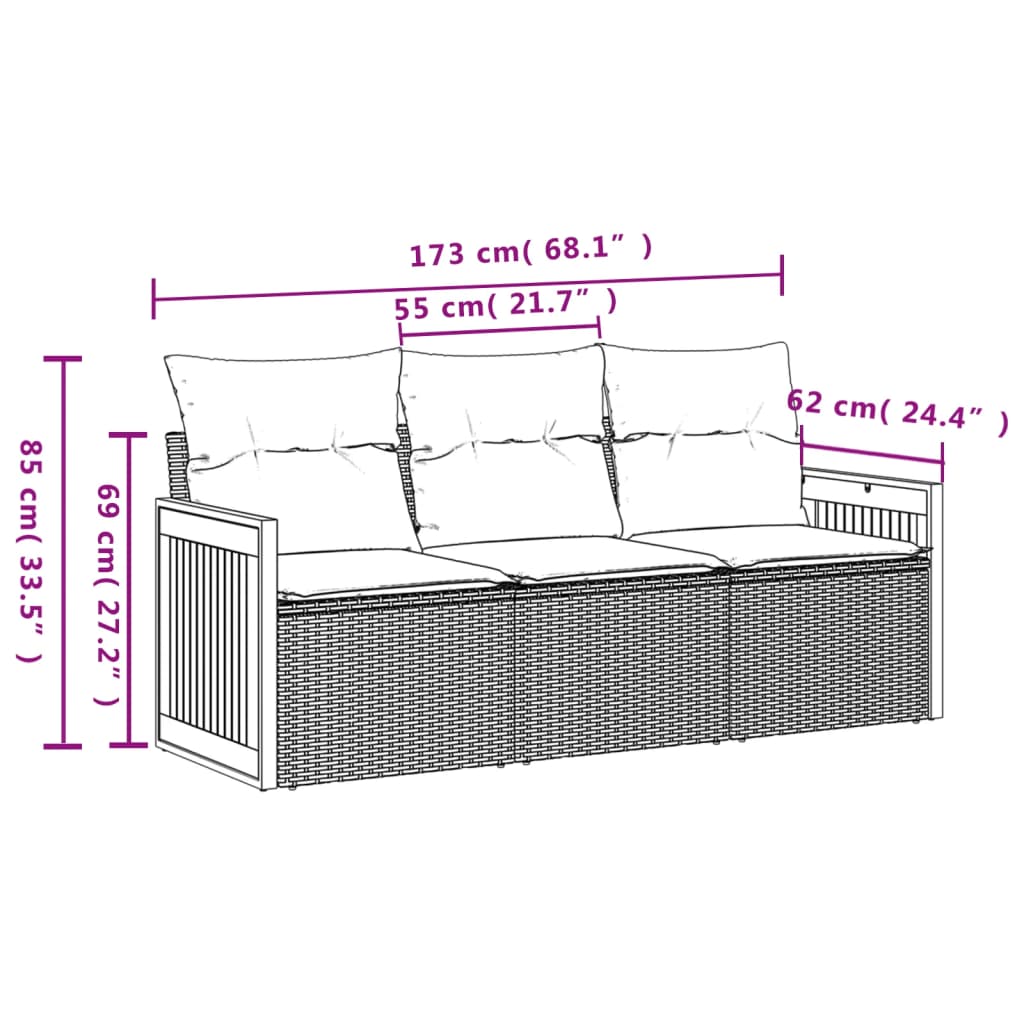 Set canapea de gradina cu perne, 3 piese, gri, poliratan — imaginea 3
