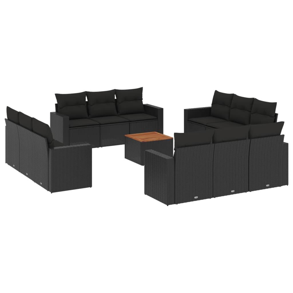 Set mobilier de gradina cu perne, 13 piese, negru, poliratan