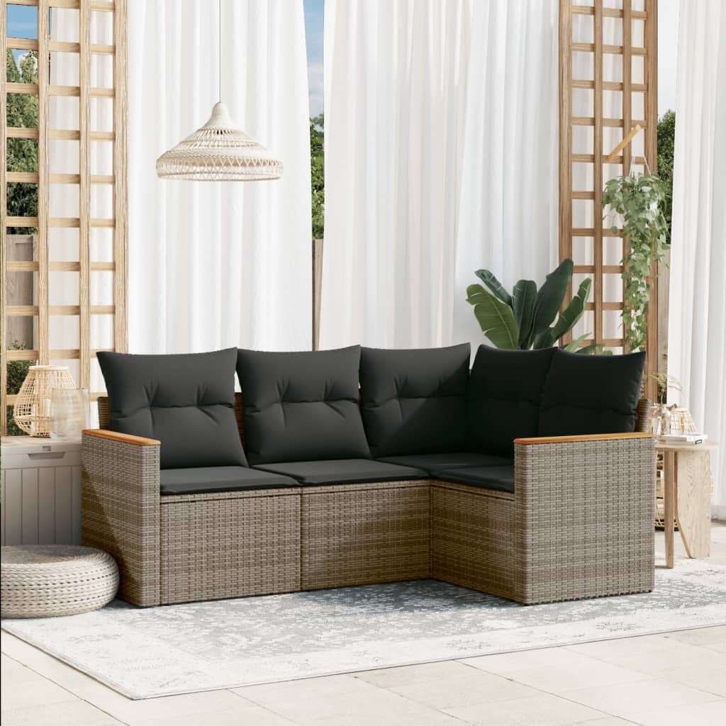 Set canapea de gradina cu perne, 4 piese, gri, poliratan — imaginea 2