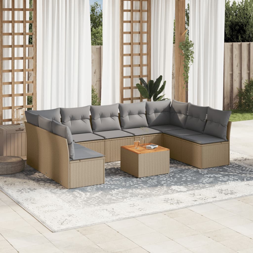 Set canapele de gradina cu perne, 10 piese, bej, poliratan — imaginea 2