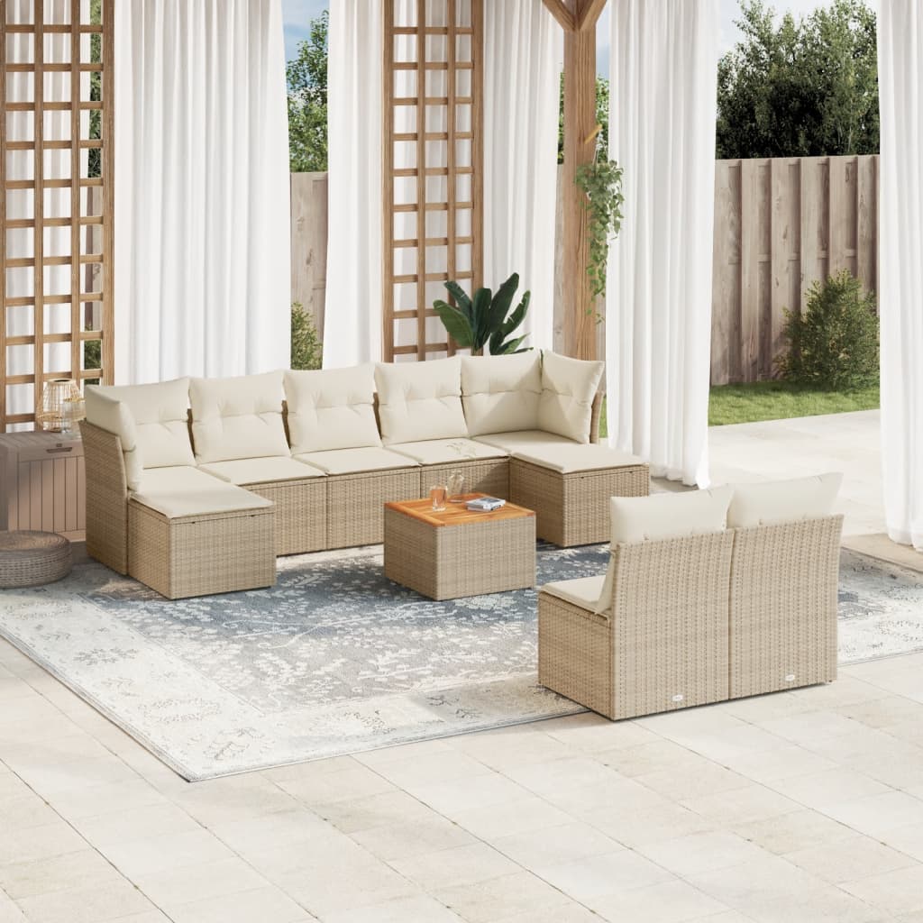 Set canapele de gradina cu perne, 10 piese, bej, poliratan — imaginea 2