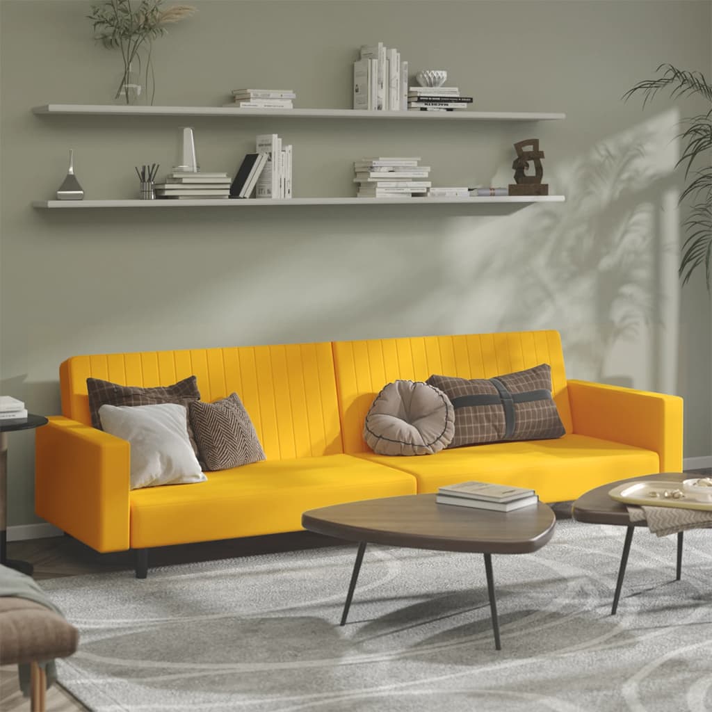 Canapea extensibila cu 2 locuri, galben, catifea — imaginea 2