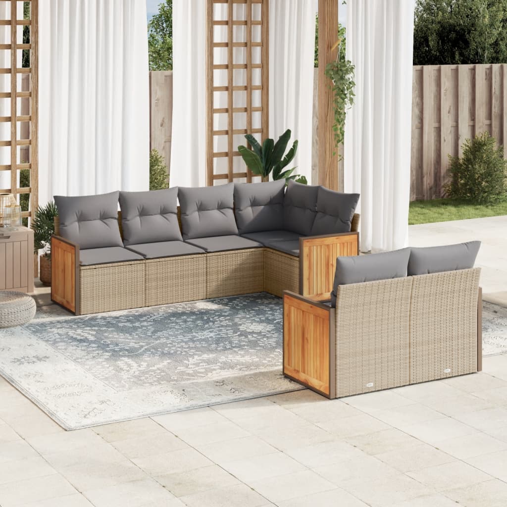 Set canapele de gradina, 7 piese, cu perne, bej, poliratan — imaginea 2