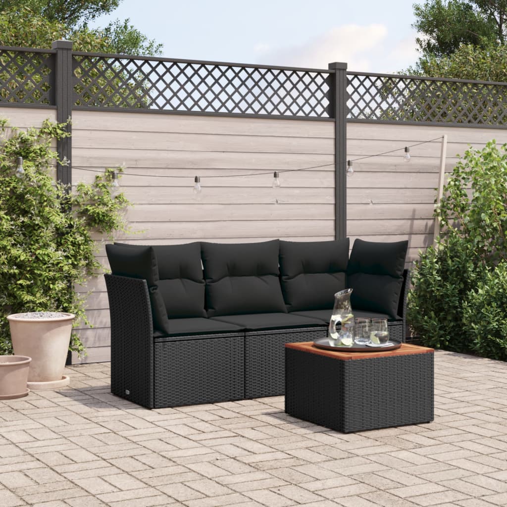 Set mobilier de gradina cu perne, 4 piese, negru, poliratan — imaginea 2