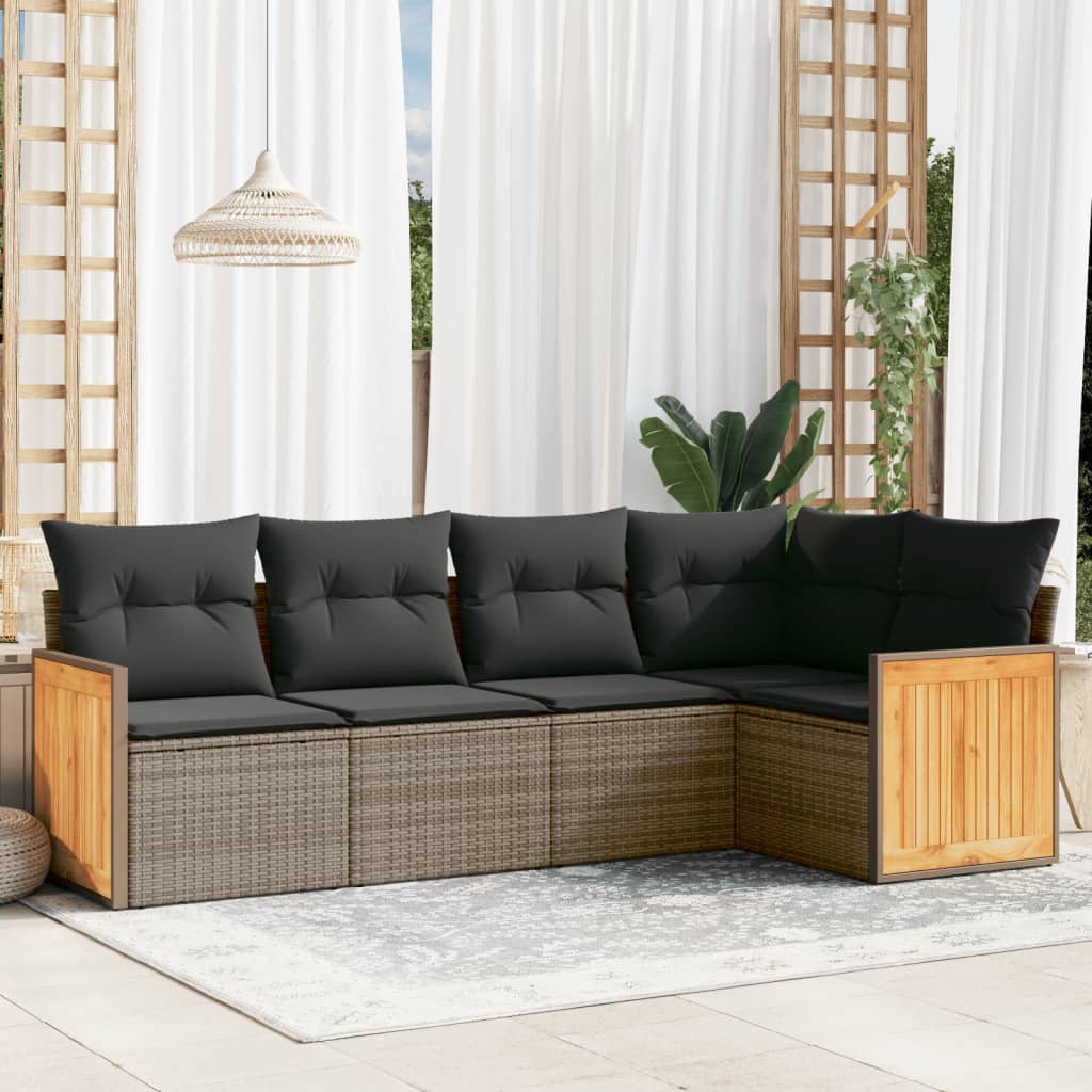Set canapea de gradina cu perne, 5 piese, gri, poliratan — imaginea 2