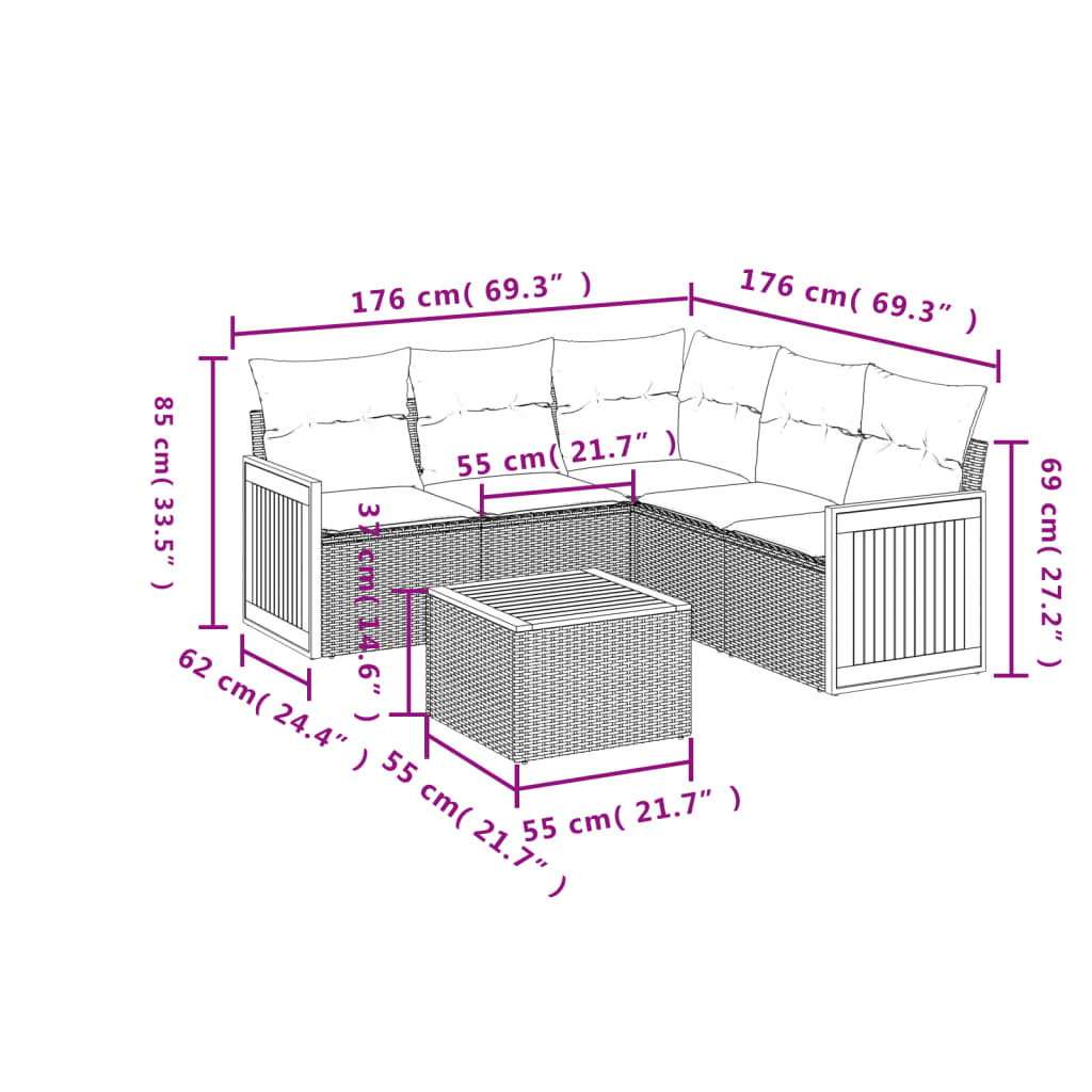 Set mobilier de gradina cu perne, 6 piese, negru, poliratan — imaginea 3