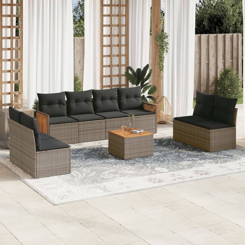 Set canapele de gradina, 9 piese, cu perne, gri, poliratan — imaginea 2