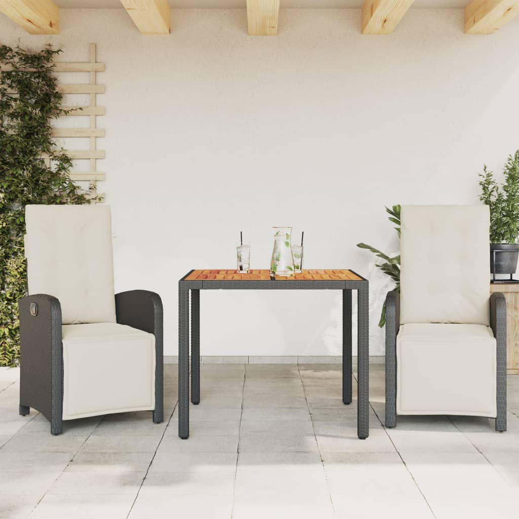 Set bistro cu perne, 3 piese, negru, poliratan — imaginea 2