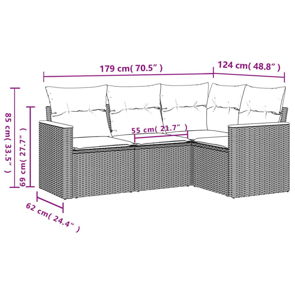Set mobilier de gradina cu perne, 4 piese, negru, poliratan — imaginea 3