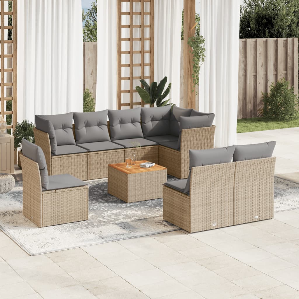 Set canapele de gradina, 9 piese, cu perne, bej, poliratan — imaginea 2