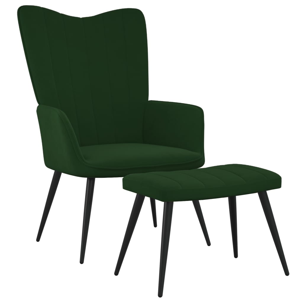 Fotoliu de relaxare cu taburet, verde inchis, catifea