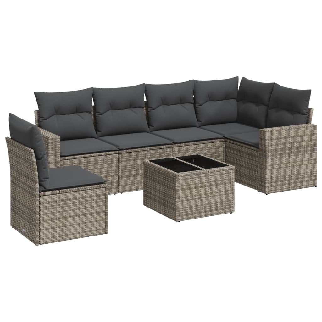 Set canapele de gradina, 7 piese, cu perne, gri, poliratan — imaginea 4