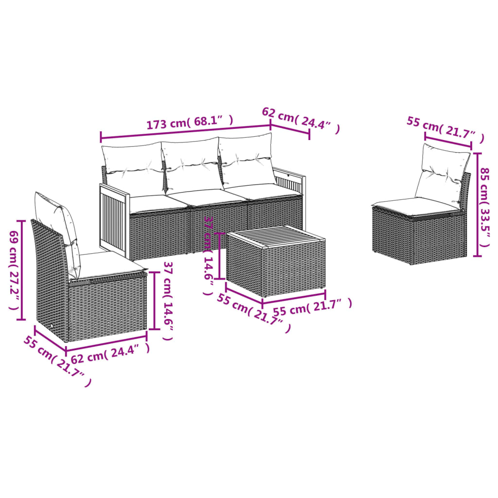 Set mobilier de gradina cu perne, 6 piese, negru, poliratan — imaginea 3