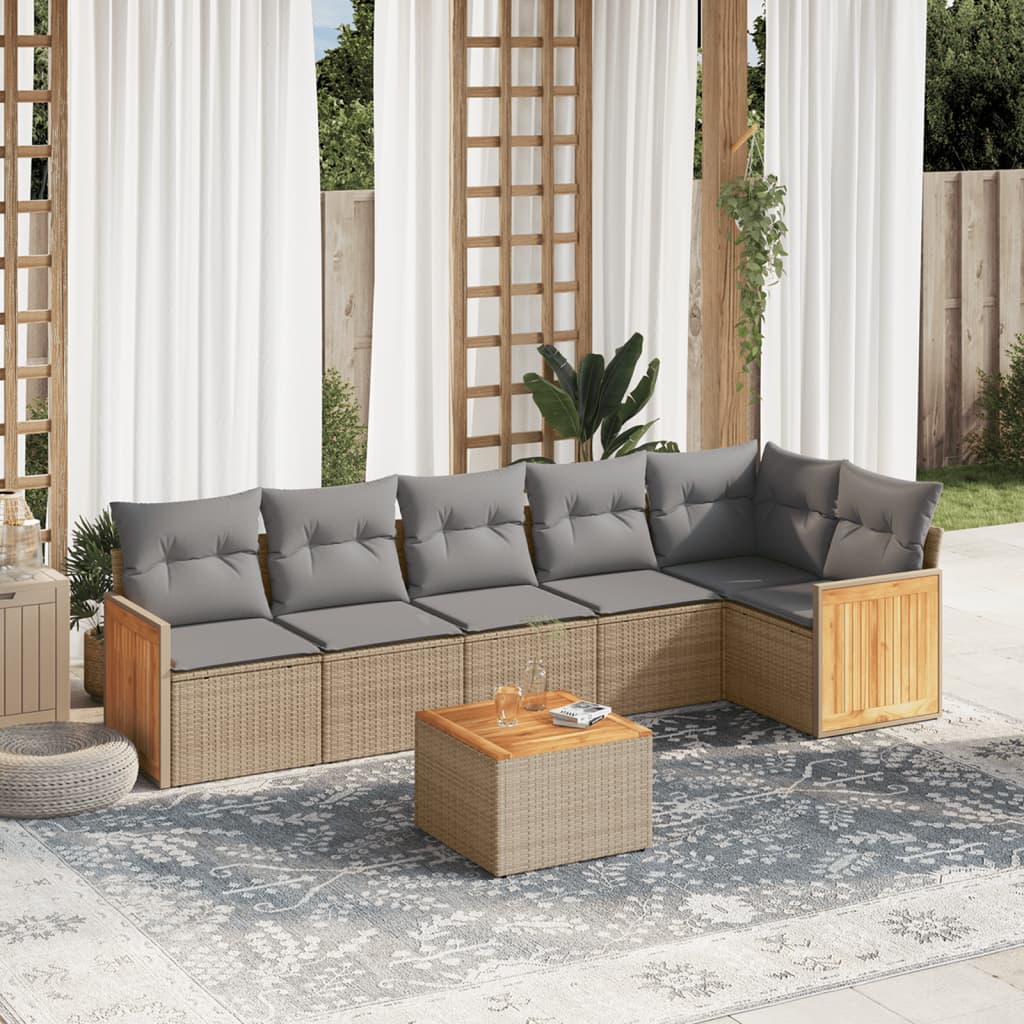 Set canapele de gradina, 7 piese, cu perne, bej, poliratan — imaginea 2