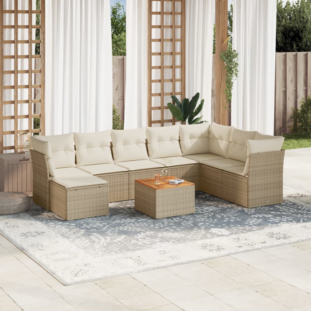Set canapele de gradina, 9 piese, cu perne, bej, poliratan — imaginea 2