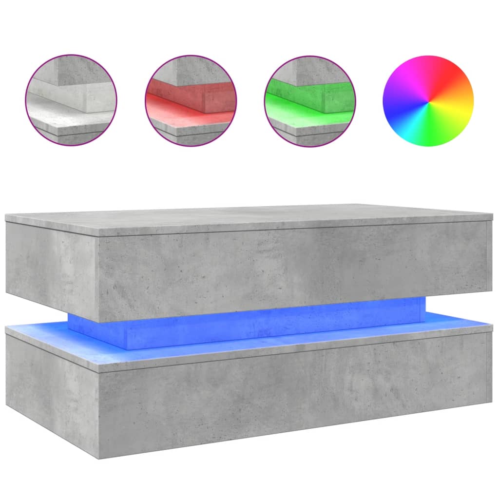 Masuta de cafea cu lumini LED, gri beton, 90x50x40 cm