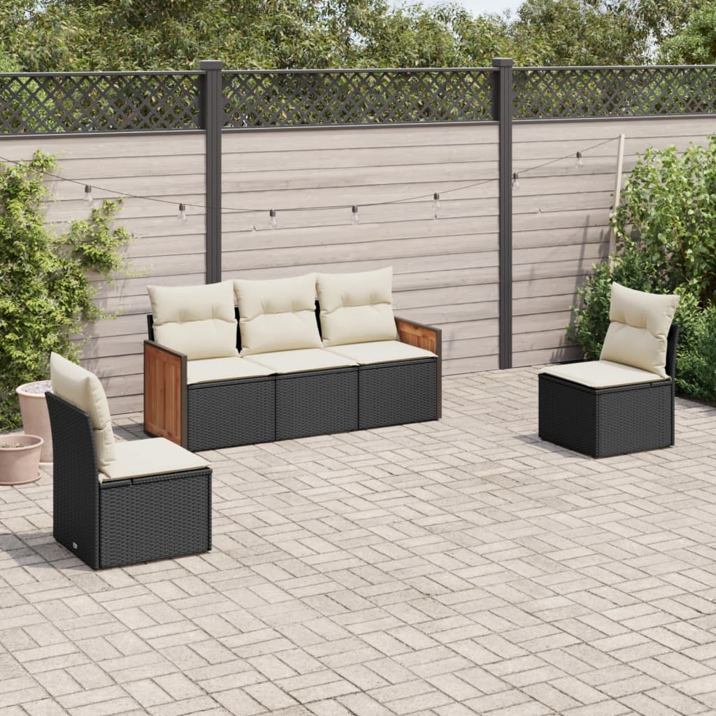 Set mobilier de gradina cu perne, 5 piese, negru, poliratan — imaginea 2