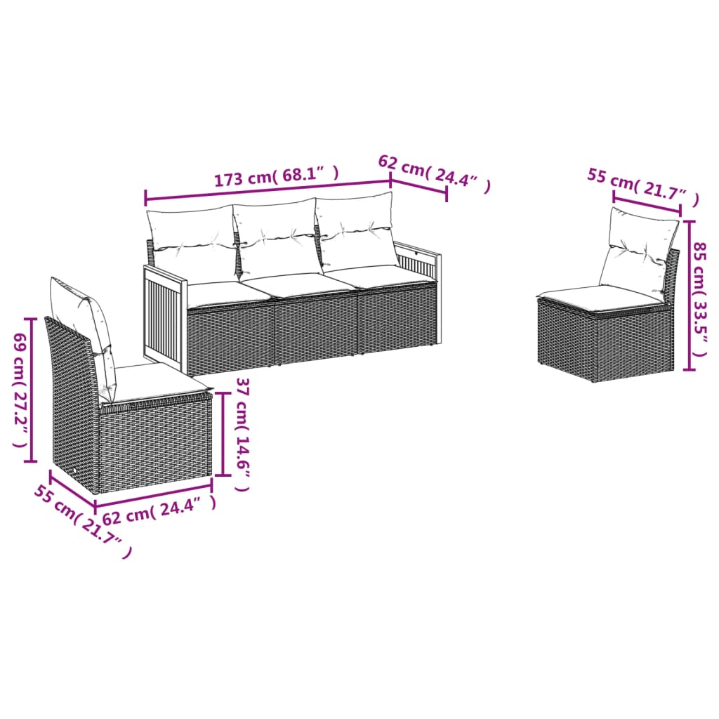 Set mobilier de gradina cu perne, 5 piese, negru, poliratan — imaginea 3