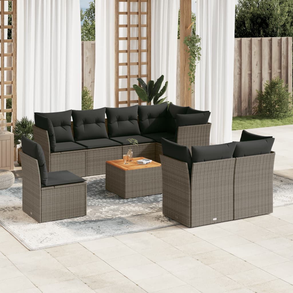 Set canapele de gradina, 9 piese, cu perne, gri, poliratan — imaginea 2
