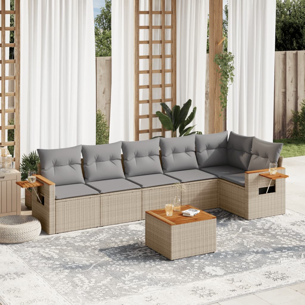 Set canapele de gradina, 7 piese, cu perne, bej, poliratan — imaginea 2
