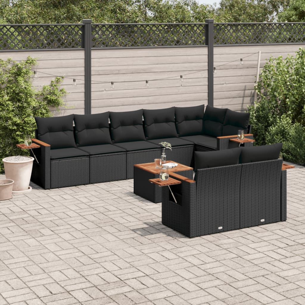 Set mobilier de gradina cu perne, 9 piese, negru, poliratan — imaginea 2