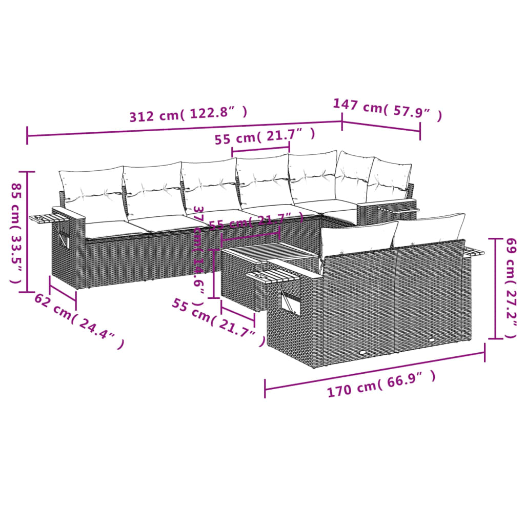 Set mobilier de gradina cu perne, 9 piese, negru, poliratan — imaginea 3