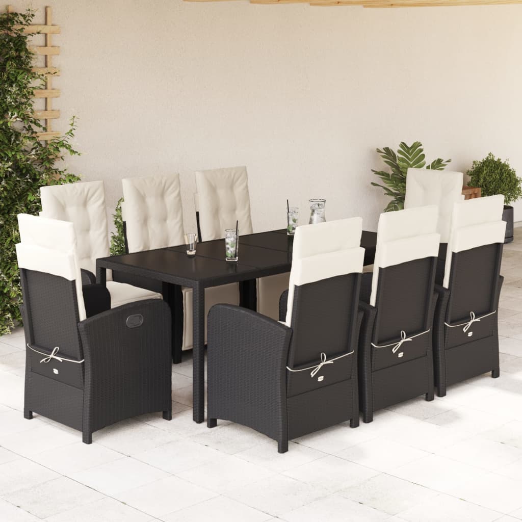 Set mobilier de gradina cu perne, 9 piese, negru, poliratan — imaginea 2